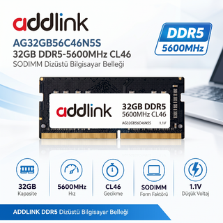 ADDLINK AG32GB56C46N5S 32GB DDR5 5600MHz SODIMM CL46 1.1V Dizüstü Bilgisayar Bellek